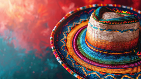 A detailed Mexican sombrero rests against an enchanting bokeh light background, evoking the spirit of Cinco de Mayo.の素材