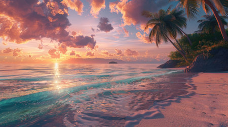 The sun sets in a spectacular display of colors over a tranquil tropical beach, framed by silhouetted palm trees.の素材
