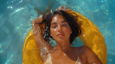 A young woman enjoys the calm and relaxation of floating in a sun-drenched pool on a clear summer day.の素材