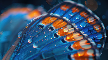 The macro photography highlights the mesmerizing iridescence and intricate patterns of a blue butterfly's wings.の素材