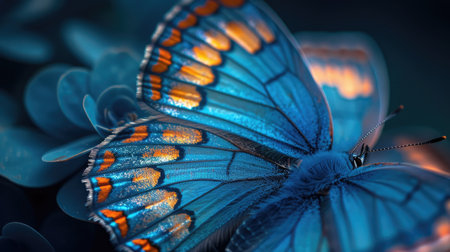 A macro shot capturing the exquisite detail and vibrant colors of a blue butterfly's wings.の素材