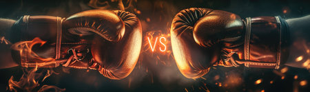 Two boxing gloves, engulfed in flames, collide in a fierce and fiery display of athletic competition.の素材