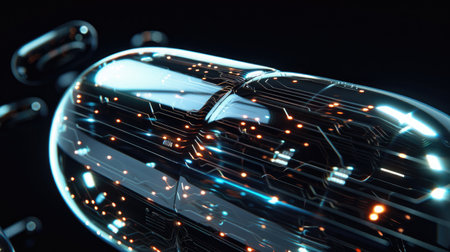 This extreme close-up captures an AI-enhanced smart pill with intricate, glowing circuit details.の素材