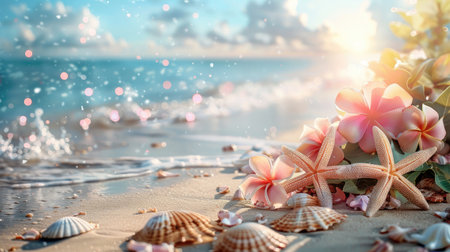 A festive summer backdrop with starfish, seashells, and beach sand, perfect for seasonal themes and messages.の素材