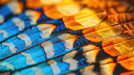 A macro photograph reveals the intricate, jewel-like patterns on a butterfly's wing with vivid colors.の素材
