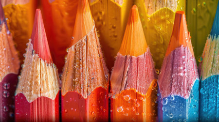 A striking macro photo of sharpened colored pencils arranged in a vibrant display.の素材