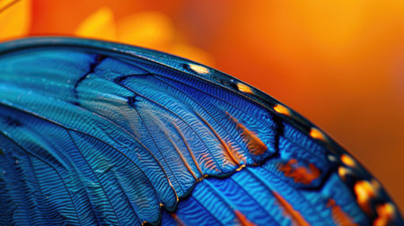 This macro view captures the saturated indigo and orange hues of a butterfly's wings in exquisite detail.の素材
