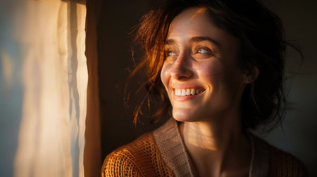 A young woman's spontaneous smile radiates joy, highlighted by the warm, natural light around her.の素材