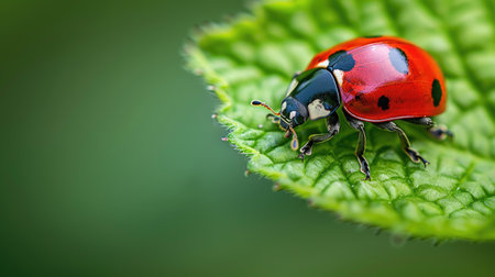 A striking red ladybug contrasts against the vibrant green of a leaf in sharp macro detail.の素材