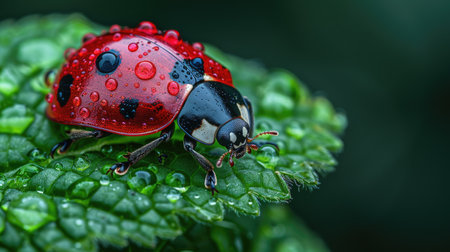 A vivid red ladybug meticulously navigates a leaf dotted with sparkling morning dew.の素材