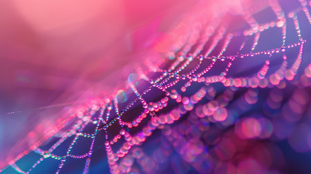 This vibrant macro shot captures a spider web adorned with multicolored dew drops, creating a magical and radiant display.の素材
