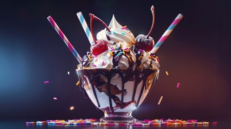 A tantalizing ice cream sundae overflows with summer sweetness and ripe cherries.の素材