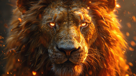 This close-up image captures a lion with intense glowing eyes and a fiery mane, surrounded by embers.の素材
