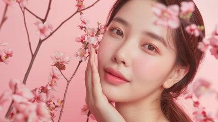 A stunning portrait of a Korean beauty model with flawless skin, surrounded by spring blossoms.の素材