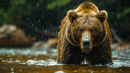 A powerful grizzly bear stands in a sunlit stream, water glistening on its fur.の素材