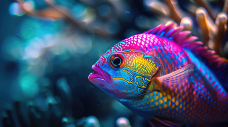 A close-up image of a neon-colored tropical fish showing vibrant patterns and hues underwater.の素材