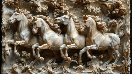 A detailed and ornate bas-relief sculpture depicting majestic horses in mid-gallop, showing intricate artistry and dynamic movement.の素材