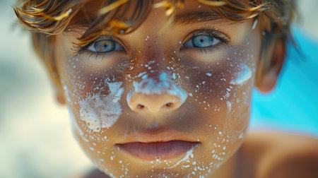 The image captures a close-up of a boy's face with sunscreen lotion applied, highlighting his blue eyes and sun-kissed skin.の素材