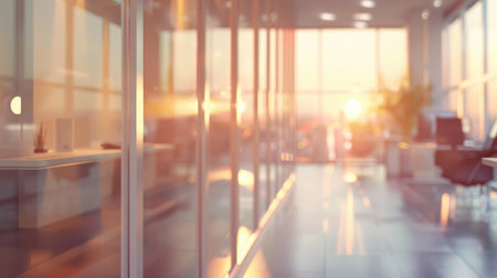 The image depicts a light and modern office interior with a blurred effect, capturing a warm sunset glow.の素材