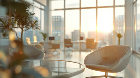 The image depicts a light and modern office interior with a blurred effect, capturing a warm sunset glow.の素材