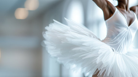 A professional ballet dancer elegantly performs a mid-pirouette, showcasing grace and poise in a white tutu.の素材