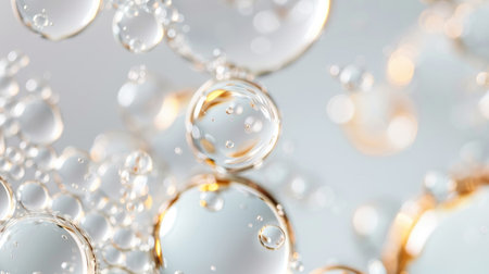 This image captures the intricate details of oil bubbles suspended in a cosmetic serum, highlighting the texture and light play.の素材