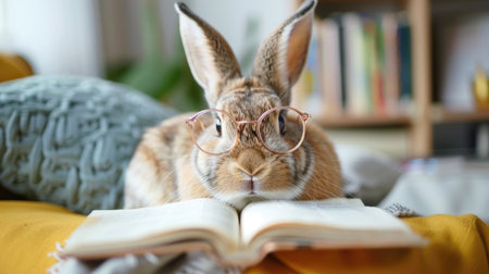 A cute rabbit wearing glasses is amusingly positioned with its paws on an open book, appearing to be reading.の素材