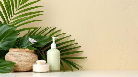 A serene display of homemade skincare products arranged with vibrant green leaves against a neutral backdrop.の素材