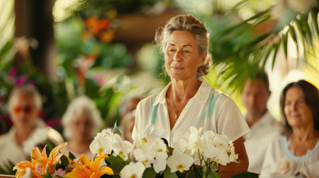 A middle-aged woman speaks at a podium in a church, surrounded by flowers.の素材
