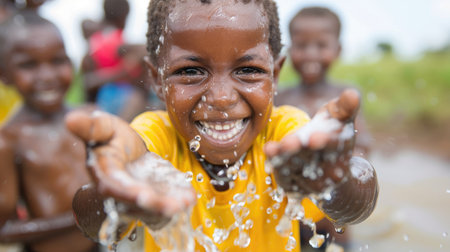 A joyful young child splashes and drinks water from his cupped hands, symbolizing pure joy and vitality.の素材