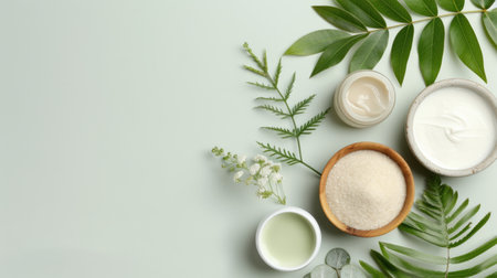A beautifully arranged flat lay of natural skincare ingredients surrounded by green tropical leaves.の素材