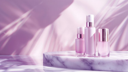 A collection of elegant skincare bottles displayed on a marble surface with a soft pink background, exuding luxury and refinement.の素材