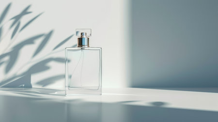 A minimalist perfume bottle displayed against a clean white background, with soft shadows creating a sophisticated and elegant look.の素材