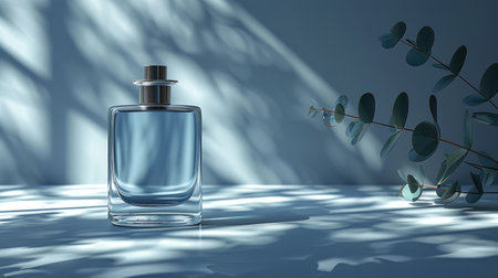 A minimalist perfume bottle displayed against a clean white background, with soft shadows creating a sophisticated and elegant look.の素材