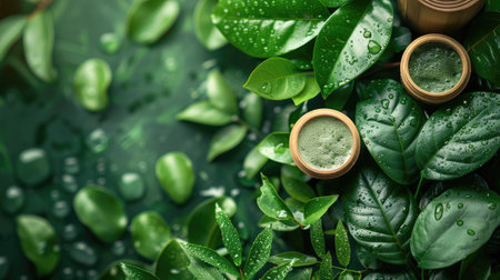 Composition showing natural organic cosmetics, surrounded by green leaves and wooden elements, emphasizing a holistic Ayurvedic approach.の素材