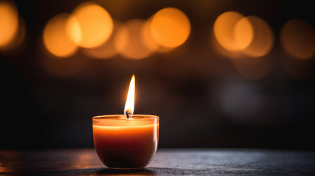 A close-up of a candle flame burning brightly in a dark room, creating a solemn and reflective atmosphere suitable for funeral and memorial services.の素材
