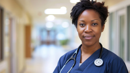 A close-up portrait of a smiling female doctor wearing scrubs and a stethoscope, conveying compassion and professionalism.の素材