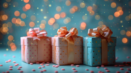A set of beautifully wrapped gift boxes with bows, adorned with polka dots, set against a background of soft bokeh lights.の素材