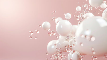 Delicate floating molecules on a soft background, illustrating the concept of skincare and cosmetic solutions.の素材