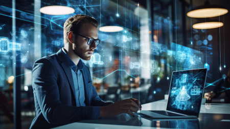 A dynamic close-up portrait of a tech innovator analyzing data on multiple digital screens, showing advanced technology and innovation.の素材