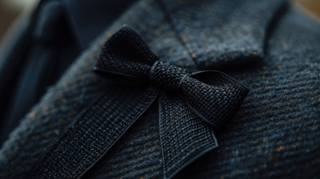 A detailed close-up of a black mourning ribbon pinned to dark fabric, symbolizing grief and remembrance for funeral occasions.の素材