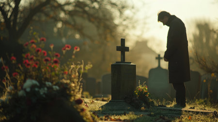 A solitary figure stands by a grave in a cemetery during sunriseの素材