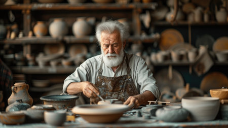 A detailed portrait of an elderly male potter meticulously crafting pottery in a traditional studio, surrounded by handmade ceramic pieces.の素材