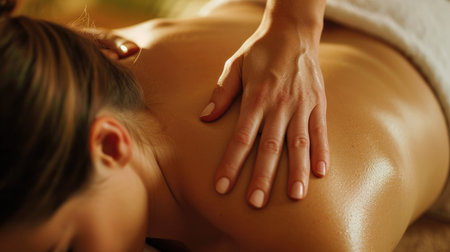 A close-up shot of a woman enjoying a relaxing back massage at a spa, highlighting tranquility and therapeutic care.の素材
