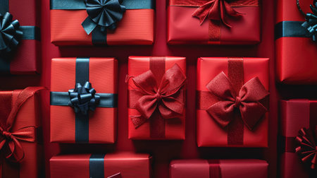 A collection of beautifully wrapped red gift boxes with elegant ribbons perfect for holiday celebrations.の素材