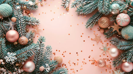 A festive arrangement of pastel-colored Christmas ornaments and decorations on a pink background, offering ample copy space.の素材