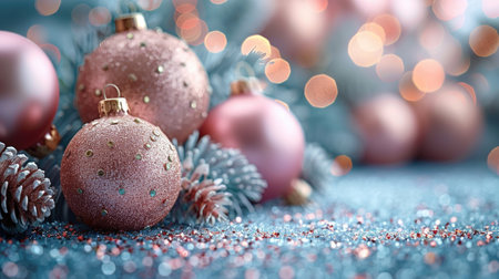 Elegant pastel-colored Christmas ornaments against a soft bokeh background with ample copy space for text.の素材