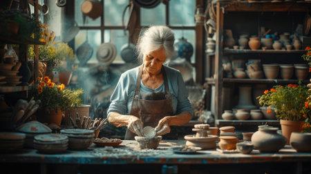 A detailed portrait of a female artisan focused on crafting pottery, surrounded by handmade ceramic pieces in a studio workshop.の素材
