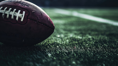 A close-up view of an American football resting on the grassy field, capturing the essence of the game.の素材