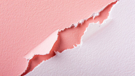Pink and white paper torn in the middle reveals a two-toned textured background with ample copy space.の素材